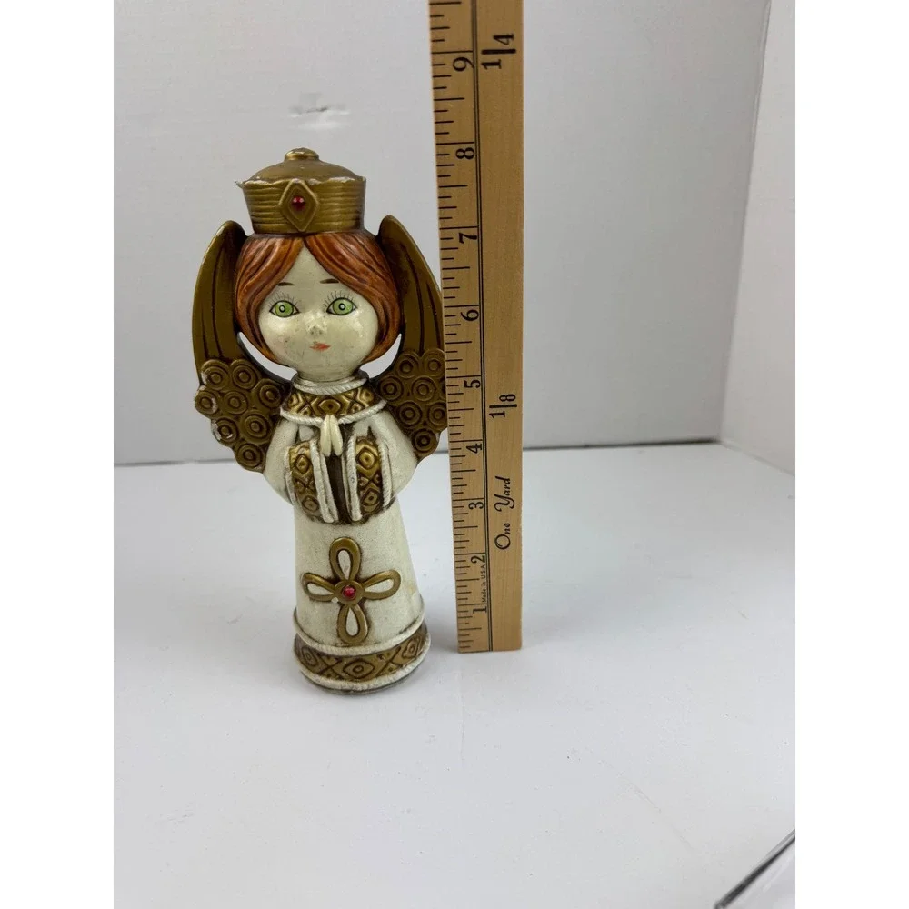 Vintage Ceramic Papier Mache Angel Figurine Gold Crown Wings Mid Century Decor
